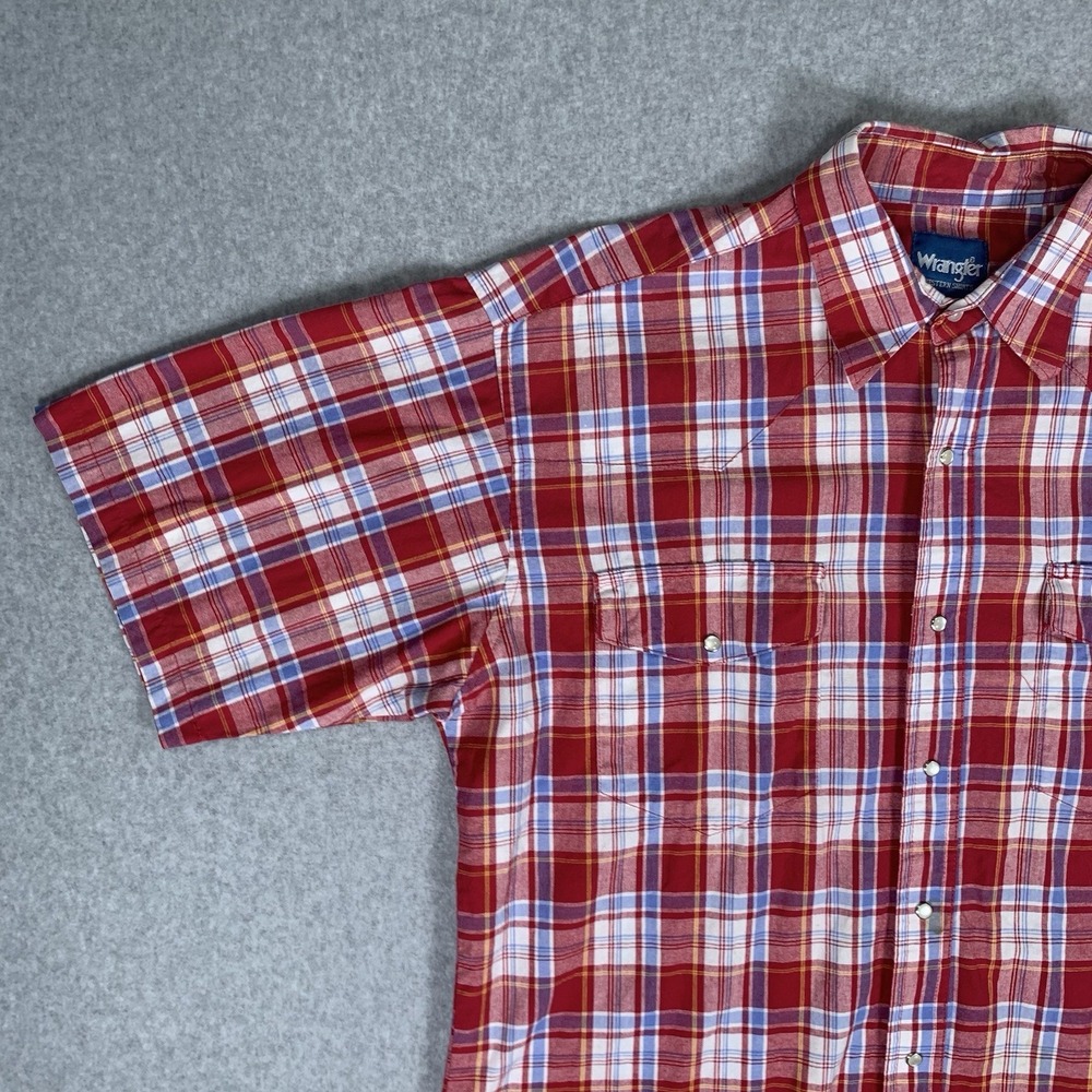 Wrangler Western Shirt Men's L Red Plaid Pearl Snap Short Sleeve Button Up - Picture 2 of 16
